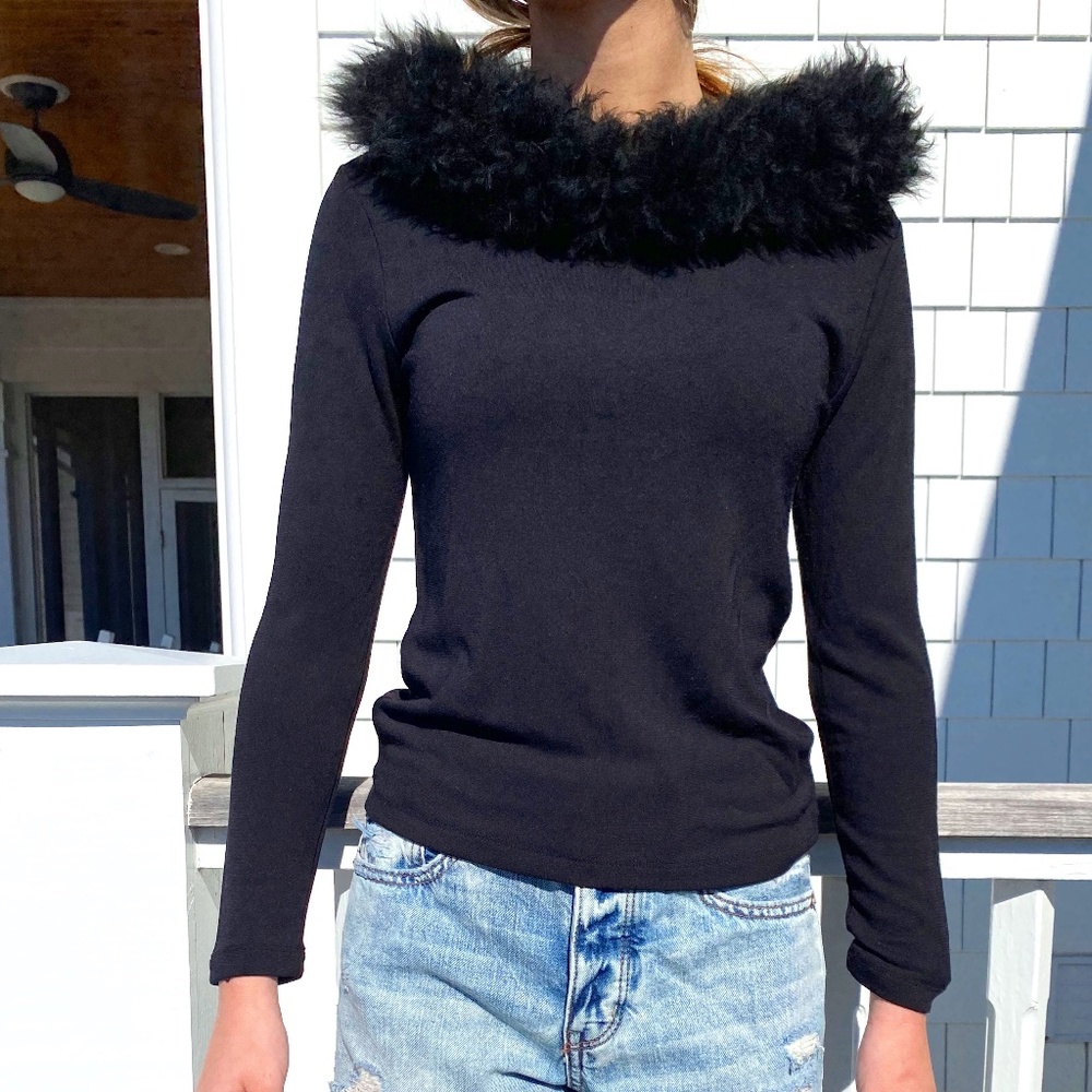 Carole Little top faux fur trim black Small